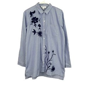 Motherhood Maternity Embroidered Floral Stripe Button Down Shirt Blue White M